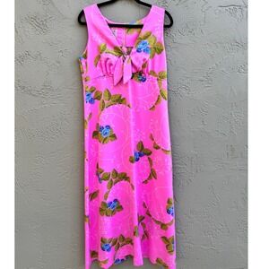 Lilia Honolulu Vintage 70s Pink Floral Sleeveless Empire Hawaiian Maxi Dress